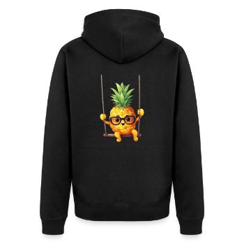 Schwein mit Sonnenblumenkranz, Charmantes - Unisex Premium Bio Zip Hoodie - Schwarz - Hinten - Nico (187cm)