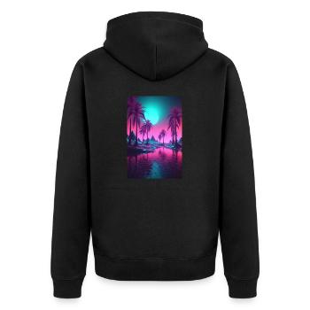 Eine surreale kosmische Synthwave Retrowave Nacht - Unisex Premium Bio Zip Hoodie - Schwarz - Hinten - Nico (187cm)