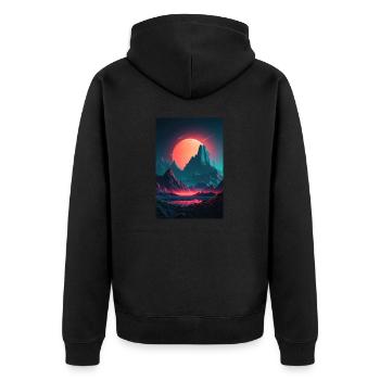 Eine Synthwave Retrowave Sinfonie in den Bergen - Unisex Premium Bio Zip Hoodie - Schwarz - Hinten - Nico (187cm)