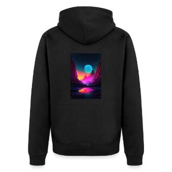 Mountain Glow: Synthwave Vibes in Alpine Serenity - Unisex Premium Bio Zip Hoodie - Schwarz - Hinten - Nico (187cm)