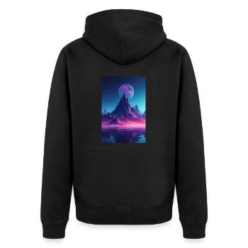 Retro Bergmelodie: Eine Synthwave Ode an der See - Unisex Premium Bio Zip Hoodie - Schwarz - Hinten - Nico (187cm)