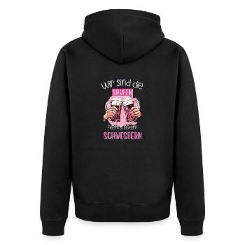 Wir sind die saufen, feiern & lästern Schwestern - Unisex Premium Bio Zip Hoodie - Schwarz - Hinten - Nico (187cm)