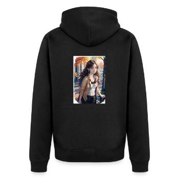 Junge Frau beim Herbst-Spaziergang - Unisex Premium Bio Zip Hoodie - Schwarz - Hinten - Nico (187cm)