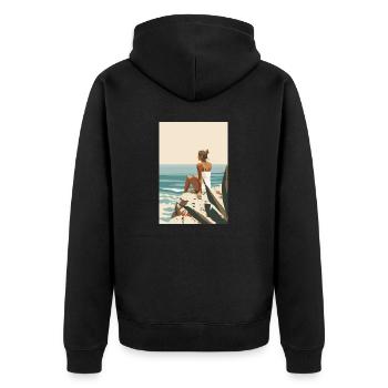 Ein Moment der Ruhe, Frau auf Felsen am Meer | AI - Unisex Premium Bio Zip Hoodie - Schwarz - Hinten - Nico (187cm)
