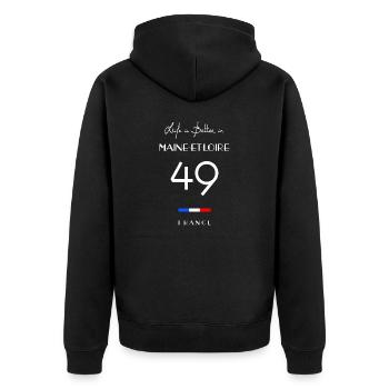Das Leben ist besser in MAINE-ET-LOIRE Number 49 Anjou - Unisex Premium Bio Zip Hoodie - Schwarz - Hinten - Nico (187cm)