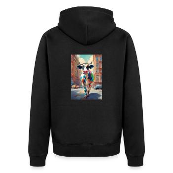 Vache colorée courant à travers la ville - Veste à capuche bio Premium Unisexe - noir - Dos - Nico (187cm)