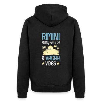 Rimini Sommer Spruch - Unisex Premium Bio Zip Hoodie - Schwarz - Hinten - Nico (187cm)