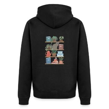 Étagère murale avec chat, livres et plantes en pot, hygge - Veste à capuche bio Premium Unisexe - noir - Dos - Nico (187cm)