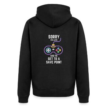 SORRY, I'M LATE! HAD TO GET TO A SAVE POINT - Unisex Premium Bio Zip Hoodie - Schwarz - Hinten - Nico (187cm)