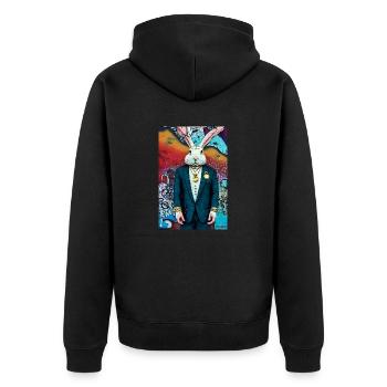 Hase im Anzug | moderner, urbaner Stil, farbenfroh - Unisex Premium Bio Zip Hoodie - Schwarz - Hinten - Nico (187cm)