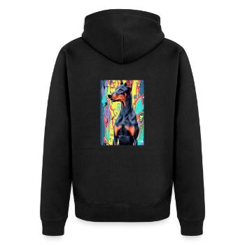 Dobermann vor buntem Hintergrund, Pop-Art modern - Unisex Premium Bio Zip Hoodie - Schwarz - Hinten - Nico (187cm)