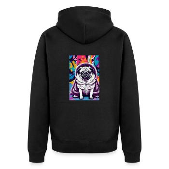 Mops im Pelzmantel vor Graffiti-Wall | Pop-Art - Unisex Premium Bio Zip Hoodie - Schwarz - Hinten - Nico (187cm)