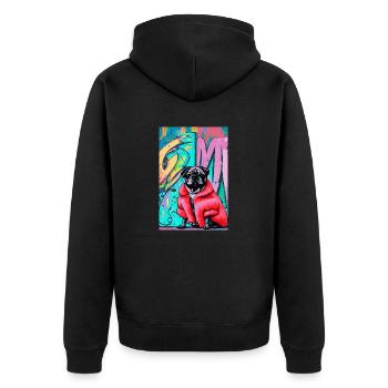Pop-Art | Süßer Mops im roten Pelzmantel - Unisex Premium Bio Zip Hoodie - Schwarz - Hinten - Nico (187cm)