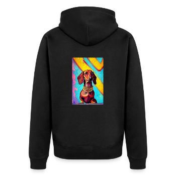 Modernes Pop-Art Print | Dackel mit Graffiti Bunt - Unisex Premium Bio Zip Hoodie - Schwarz - Hinten - Nico (187cm)