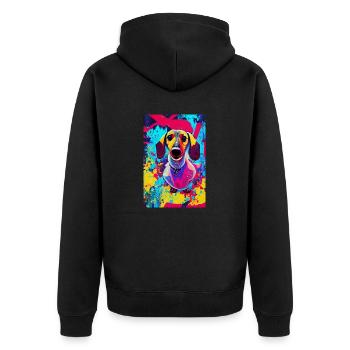 Modernes Pop-Art Print | Dackel mit Graffiti Bunt - Unisex Premium Bio Zip Hoodie - Schwarz - Hinten - Nico (187cm)