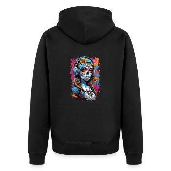 Totenkopfmädchen mit Kopfhörern - Unisex Premium Bio Zip Hoodie - Schwarz - Hinten - Nico (187cm)