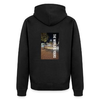 THE WORLD IS YOURS - Unisex Premium Bio Zip Hoodie - Schwarz - Hinten - Nico (187cm)