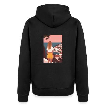 Urlaub am Meer | AI - Unisex Premium Bio Zip Hoodie - Schwarz - Hinten - Nico (187cm)