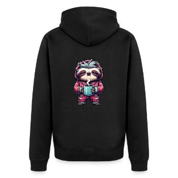 Faultier im Pyjama mit einer Tasse Kaffee - Unisex Premium Bio Zip Hoodie - Schwarz - Hinten - Nico (187cm)
