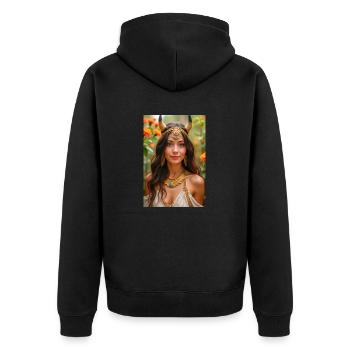 Hathor, coiffe dorée avec disque solaire - Veste à capuche bio Premium Unisexe - noir - Dos - Nico (187cm)