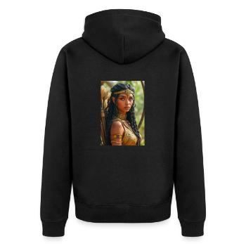 Neith, gepanzerte Kriegergöttin, hält einen Bogen in der Hand - Unisex Premium Bio Zip Hoodie - Schwarz - Hinten - Nico (187cm)