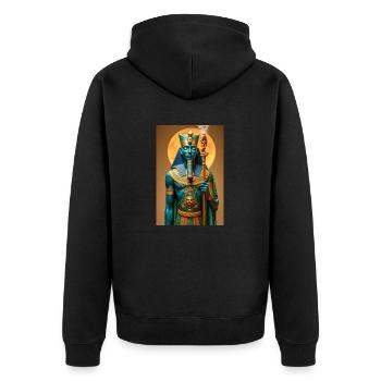 Ptah, blauhäutiger Gott, hält ein Zepter in der Hand, glühend - Unisex Premium Bio Zip Hoodie - Schwarz - Hinten - Nico (187cm)