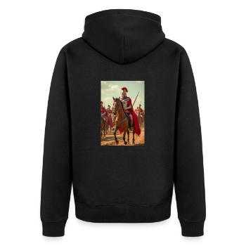 Decurio rides, Slavic winds whisper through Rome’s - Unisex Premium Organic Zip Hoodie - black - Back - Nico (187cm)