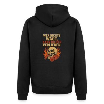 Wer nichts wagt – Totenkopf Deutschrock - Unisex Premium Bio Zip Hoodie - Schwarz - Hinten - Nico (187cm)