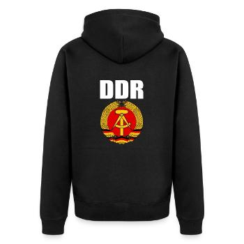 DDR Wappen mit weisser Schrift - Unisex Premium Organic Zip Hoodie - black - Back - Nico (187cm)