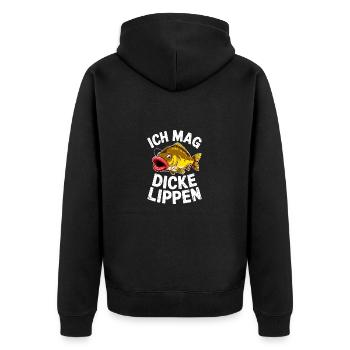 Ich mag dicke Lippen – Fischkuss garantiert - Unisex Premium Bio Zip Hoodie - Schwarz - Hinten - Nico (187cm)