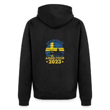 Schweden Angeltour 2023 Angeltrip Angelurlaub - Unisex Premium Bio Zip Hoodie - Schwarz - Hinten - Nico (187cm)