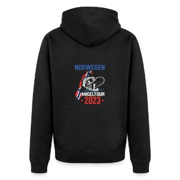 Norwegen Angeltour 2023 Angelurlaub Norwegen 2023 - Unisex Premium Bio Zip Hoodie - Schwarz - Hinten - Nico (187cm)