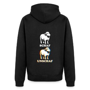 Schaf Unschaf - Wortspiel mit unscharf und Schaf - Unisex Premium Bio Zip Hoodie - Schwarz - Hinten - Nico (187cm)