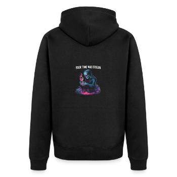 Deine Zeit wurde gestohlen - Atemberaubendes Skelett Zeit Zitat - Unisex Premium Bio Zip Hoodie - Schwarz - Hinten - Nico (187cm)