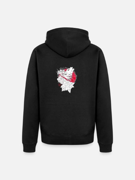 Wolf, iris en pioenroos uit Japan - Uniseks Premium bio ziphoodie - zwart