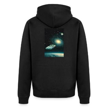 Wohin gehen wir? - Unisex Premium Bio Zip Hoodie - Schwarz - Hinten - Nico (187cm)