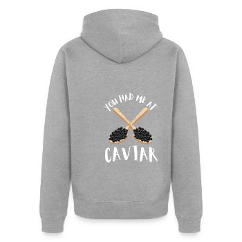 Caviar rouge de saumon à la russe - Veste à capuche bio Premium Unisexe - gris chiné - Dos - Nico (187cm)