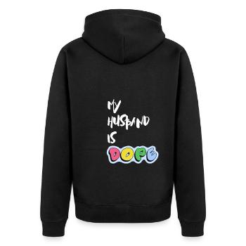 Matrimony - My Husband is - Unisex Premium Organic Zip Hoodie - black - Back - Nico (187cm)
