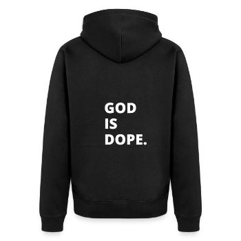 Christian - God Is Black And Red - Unisex Premium Bio Zip Hoodie - Schwarz - Hinten - Nico (187cm)