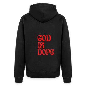 Christian - God Is Black And Red - Unisex Premium Bio Zip Hoodie - Schwarz - Hinten - Nico (187cm)