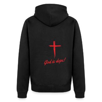 Christian - God Is Black And Red - Unisex Premium Bio Zip Hoodie - Schwarz - Hinten - Nico (187cm)