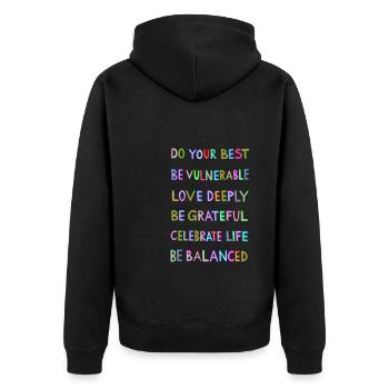 Motivierender Spruch Leben Motivation Glück Freude - Unisex Premium Bio Zip Hoodie - Schwarz - Hinten - Nico (187cm)
