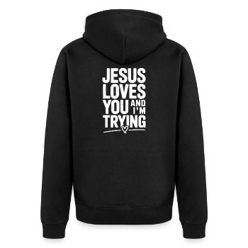 Jesus liebt dich und ich versuche es - Unisex Premium Bio Zip Hoodie - Schwarz - Hinten - Nico (187cm)
