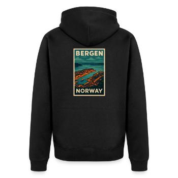 Bergen Norwegen – Retro Reiseposter Hafenblick - Unisex Premium Bio Zip Hoodie - Schwarz - Hinten - Nico (187cm)