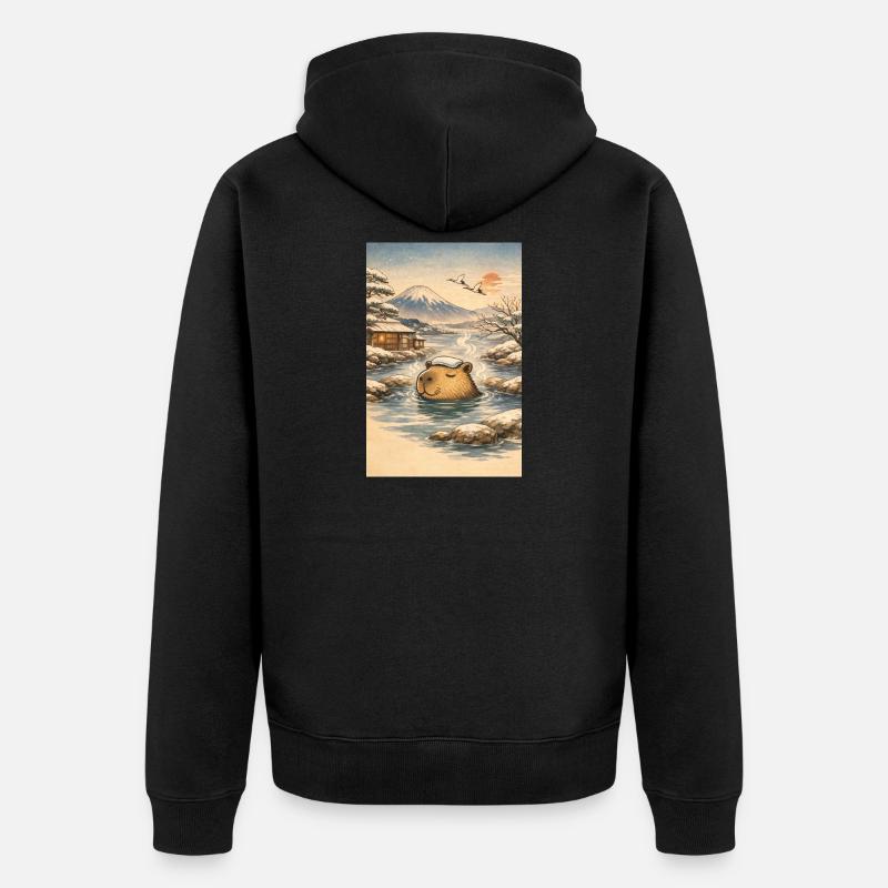Onsen Capybara im Winterwald - Unisex Premium Bio Zip Hoodie - Schwarz