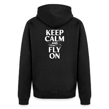 Bleib ruhig und flieg weiter - Unisex Premium Bio Zip Hoodie - Schwarz - Hinten - Nico (187cm)