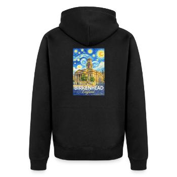 Birkenhead England Uhrturm Sternenwirbel - Unisex Premium Bio Zip Hoodie - Schwarz - Hinten - Nico (187cm)