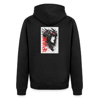 Futuristic Ink Portrait with Red Kanji - Unisex Premium Organic Zip Hoodie - black - Back - Nico (187cm)