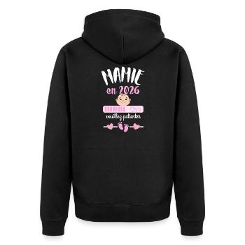 Mamie en 2026 Veuillez Patienter - Veste à capuche bio Premium Unisexe - noir - Dos - Nico (187cm)