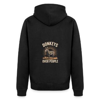 Donkeys Over People Lustiger Esel Spruch - Unisex Premium Bio Zip Hoodie - Schwarz - Hinten - Nico (187cm)
